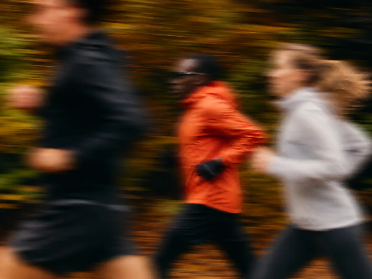 Runners training together through autumn woodland